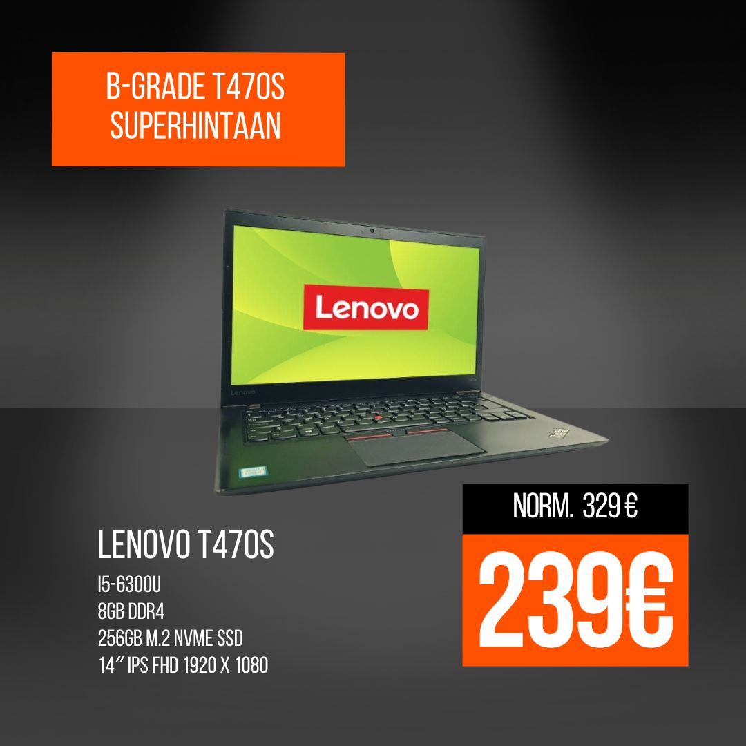 Lenovo ThinkPad T470s i5-6300U 8GB 256GB M.2 NVMe SSD 14″ IPS FHD 1920 x 1080 Windows 10 A- UusiKärkitarjous